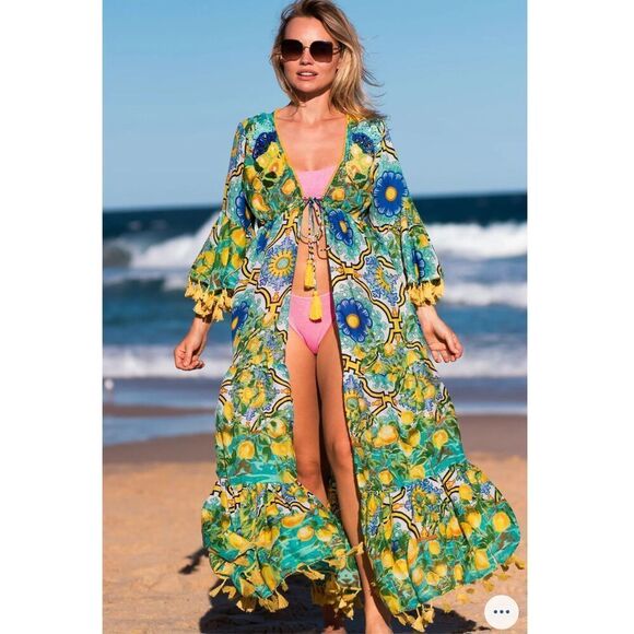 Antica Sartoria NWT lemons blue floral pattern beaded tie front long maxi cover - Picture 1 of 16